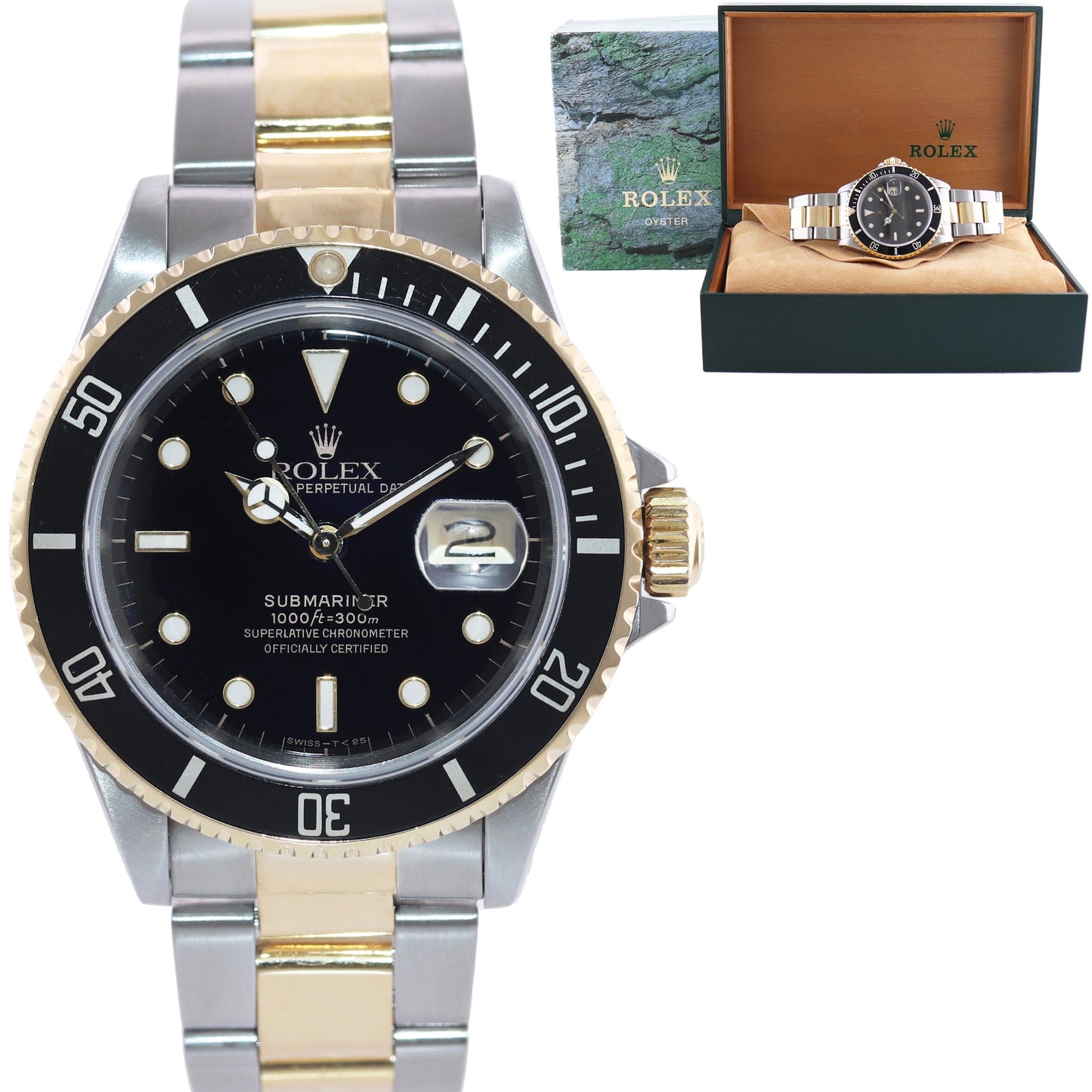 MINT 1998 Rolex Submariner 16613 Gold Steel 40mm Two Tone Black Dial Watch Box