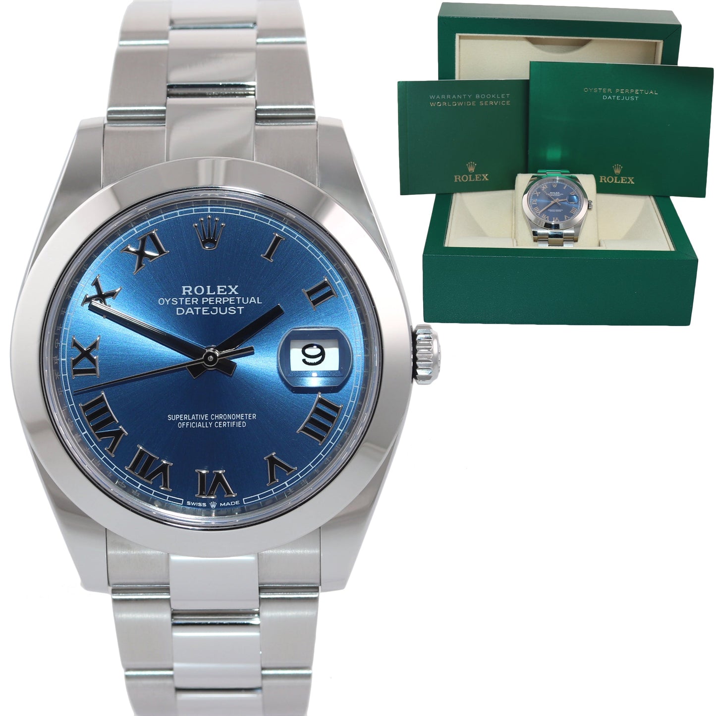MINT 2022 Rolex DateJust 41 Steel 126300 Blue Roman Dial Oyster Watch Box