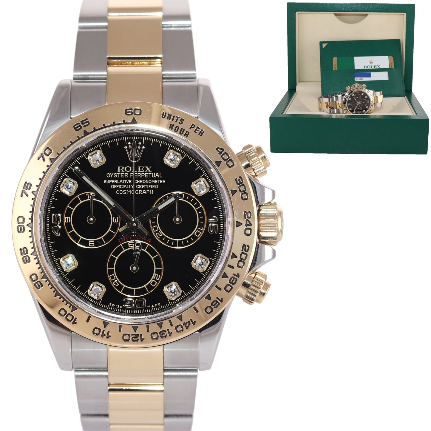 MINT PAPERS Black Diamond PAPERS 116503 Rolex Daytona Two Tone Steel Gold Watch