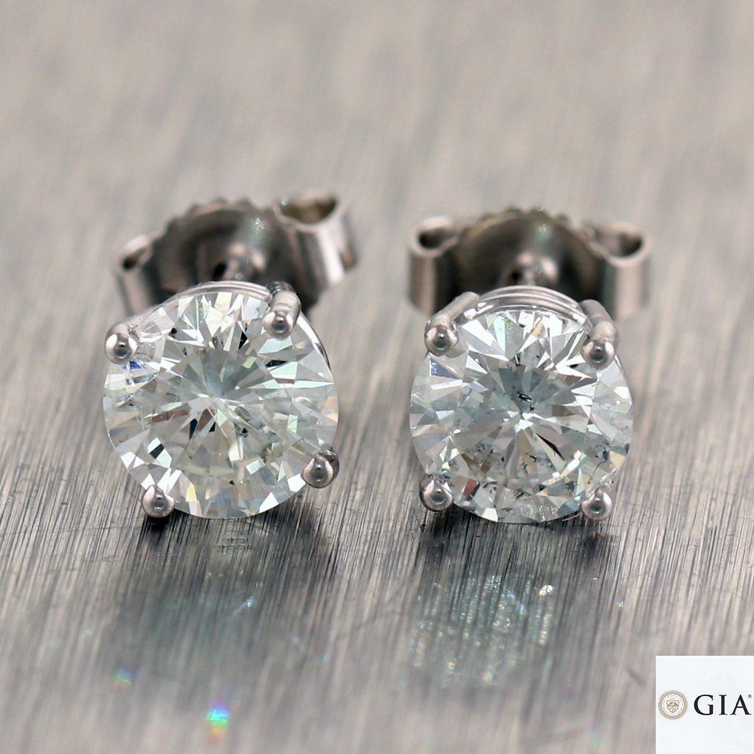 GIA 1.58ctw Round Brilliant F-H I1-I2 Diamond 14k White Gold Stud Earrings