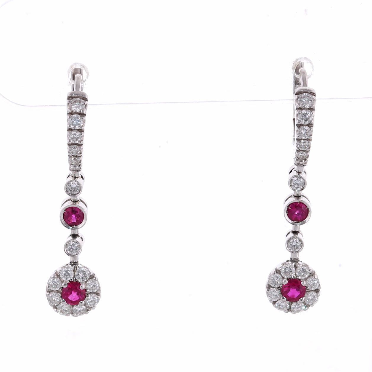 Modern 18k White Gold 1.50ctw Diamond & Ruby Dangle Earrings