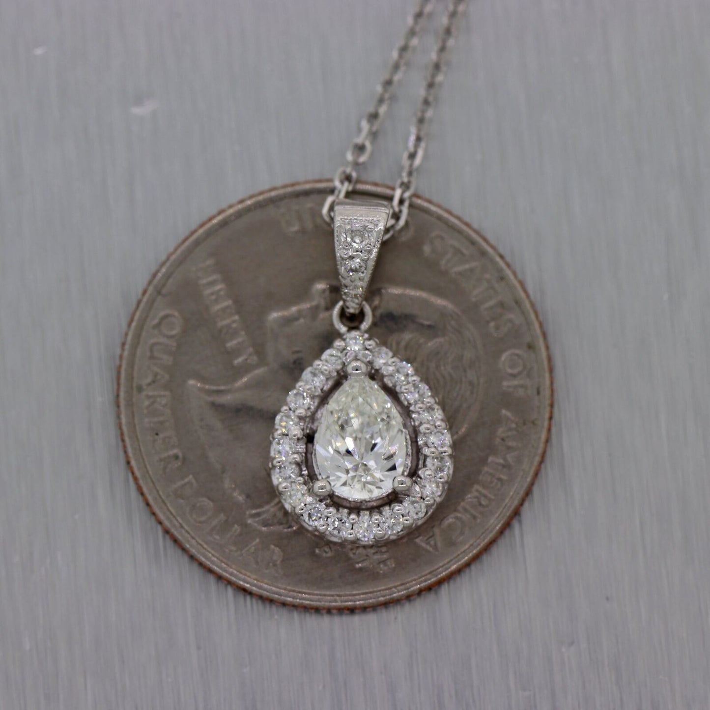 Pear Shape 0.69ct GIA 14k White Gold 0.94ctw Diamond Halo Teardrop 19" Necklace