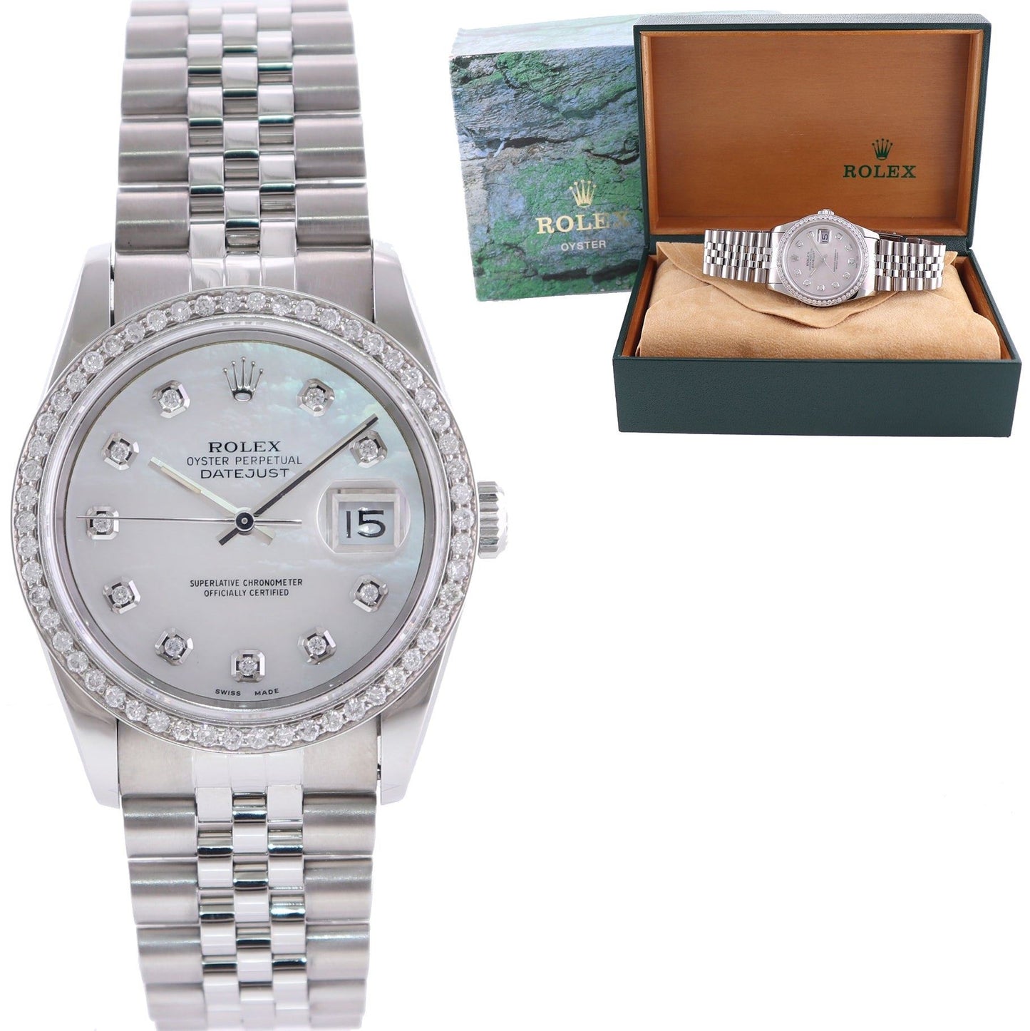 DIAMOND Bezel Rolex DateJust 36mm MOP Dial 16220 Steel White Gold Date Watch