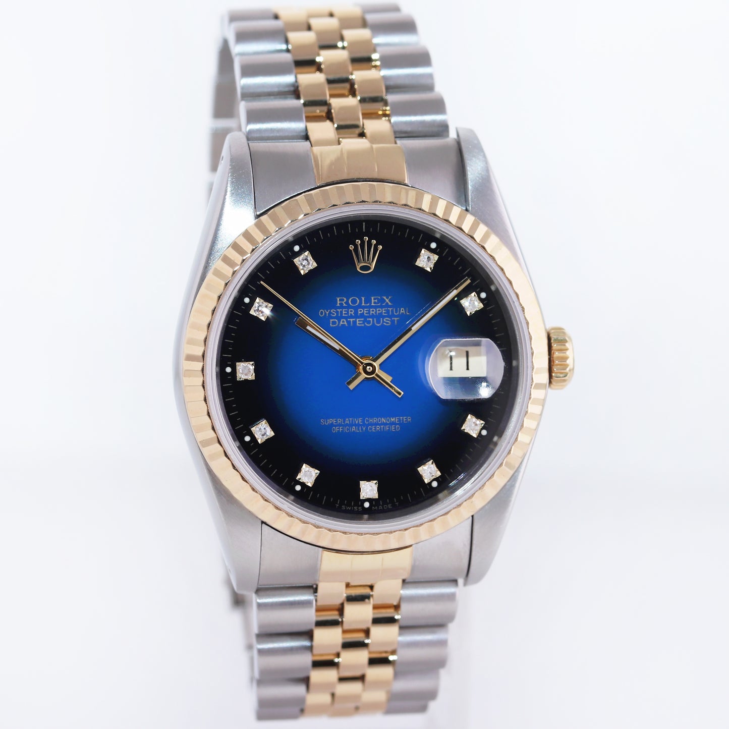 Rolex DateJust 36mm 16233 Two Tone Yellow Gold Jubilee Blue Vignette Diamond Watch