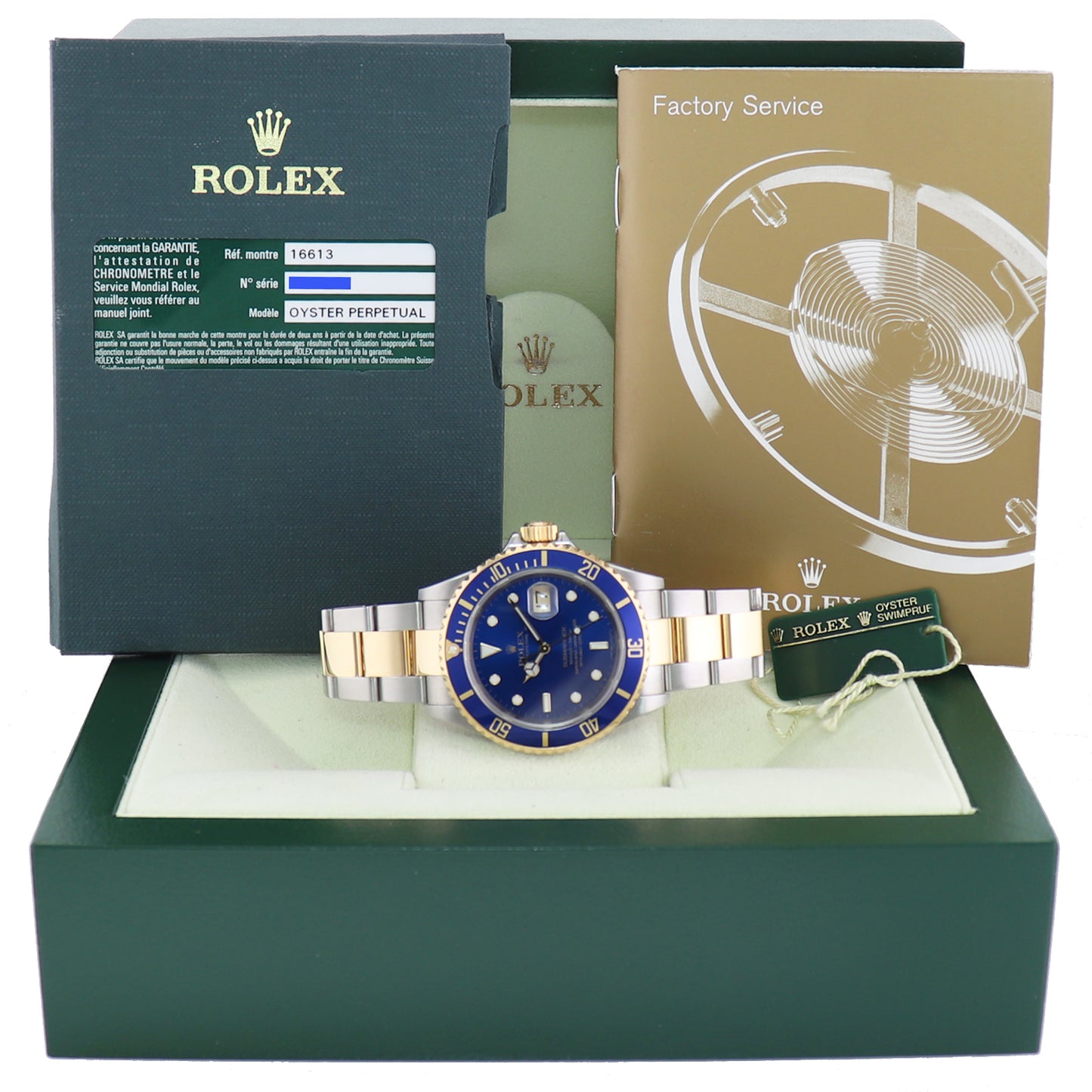 2007 MINT PAPERS Rolex Submariner 16613 Gold Steel Two Tone Sunburst Blue Watch