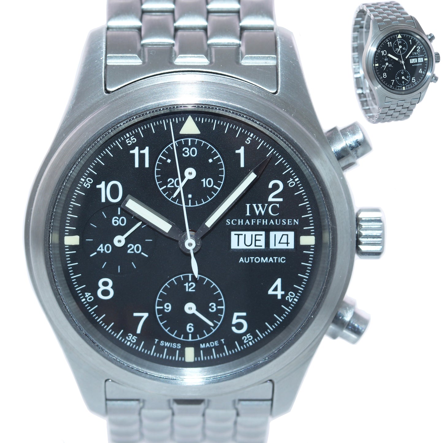 IWC Pilot Date Day Flieger Chronograph Black 39mm Steel Automatic IW370607 Watch