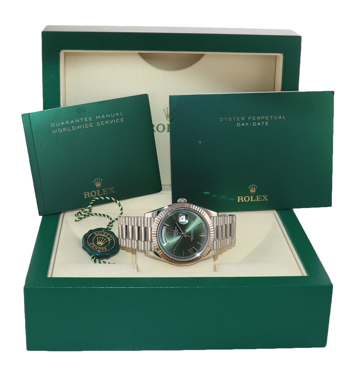 2021 Rolex Day Date 40 White Gold President GREEN OLIVE 228239 Watch Box