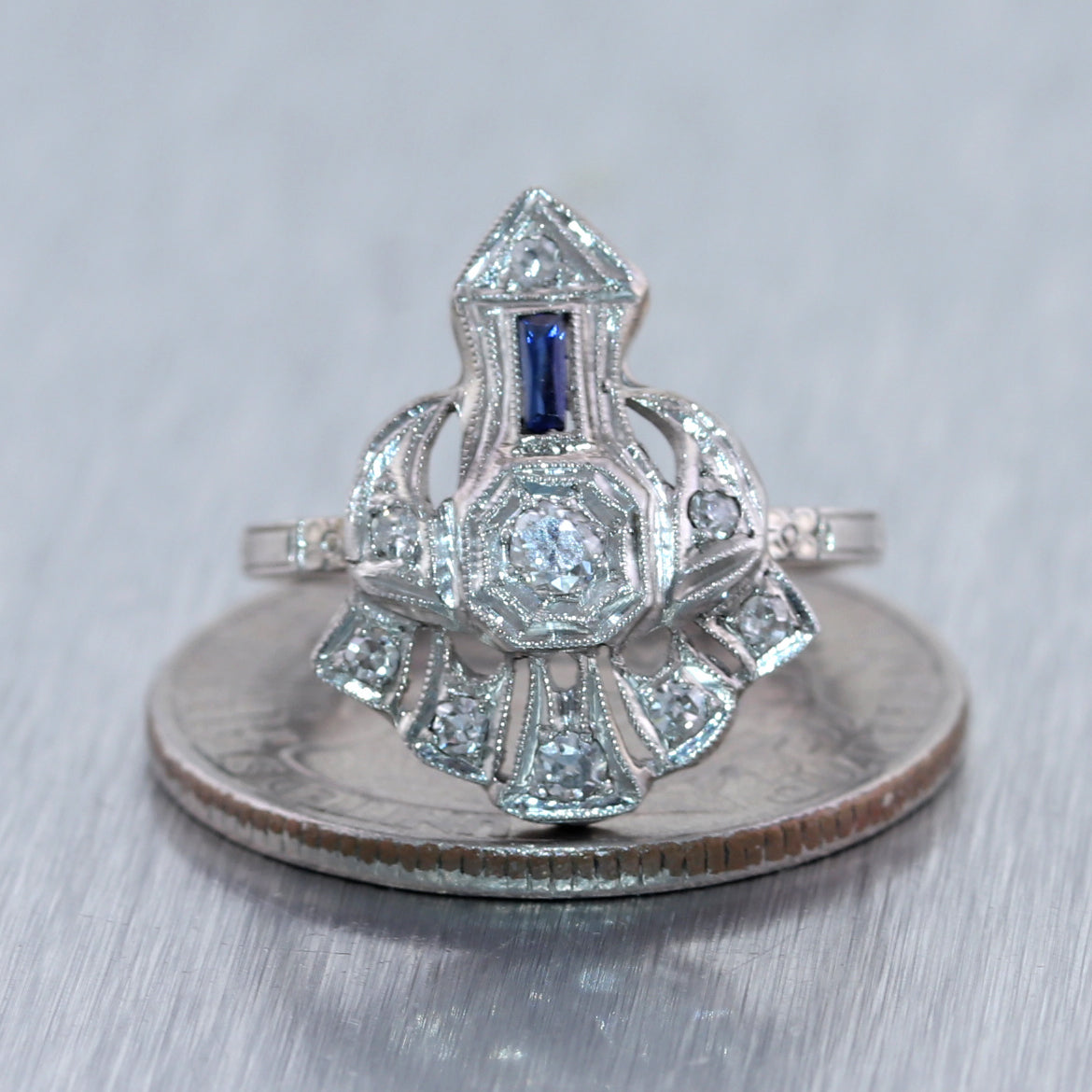 1920's Antique Art Deco Platinum 0.35ctw Diamond & Sapphire Ring