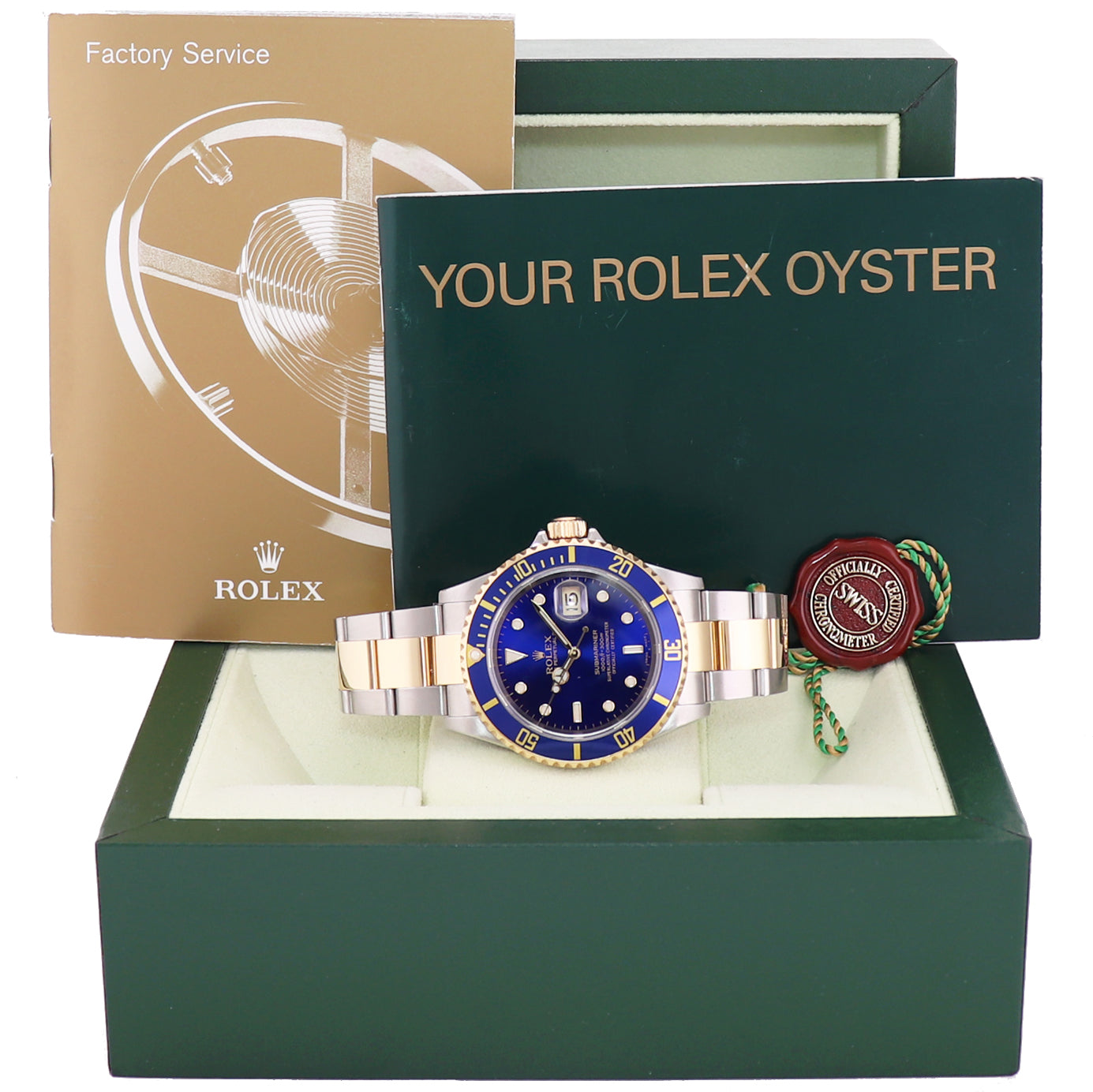 MINT 2004 Rolex Submariner 16613 Steel Two Tone Gold Buckle Sunburst Blue Watch