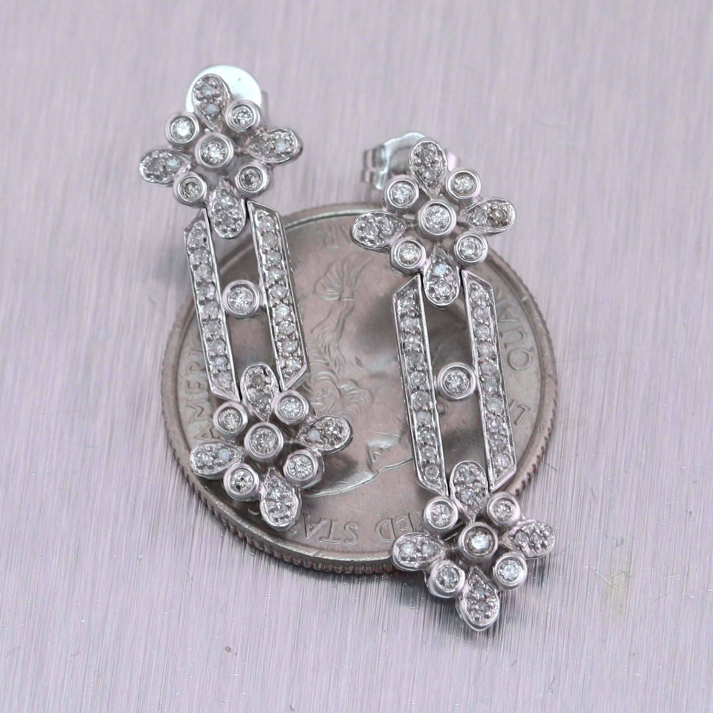 Vintage Estate 14k White Gold 1ctw Diamond Dangle Earrings