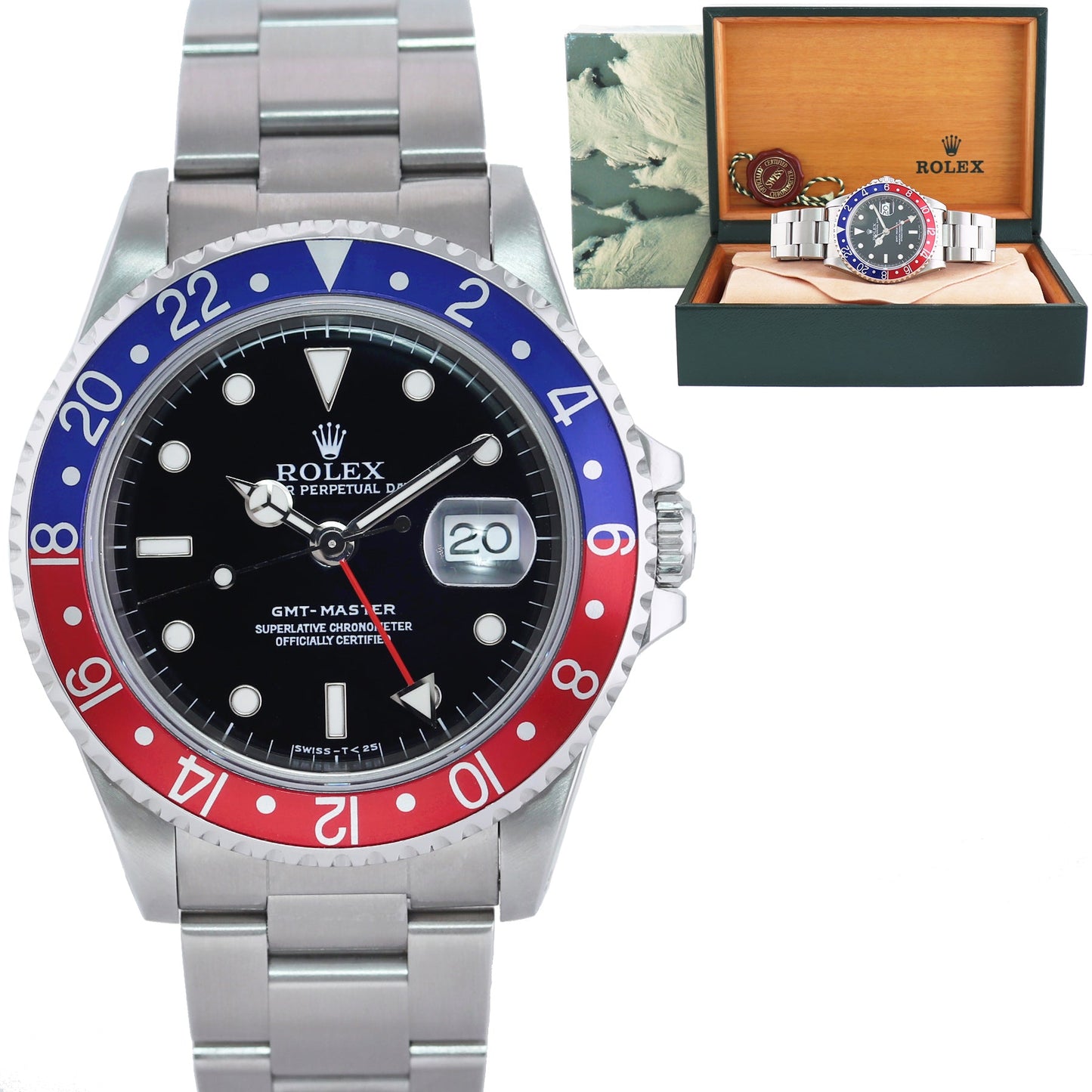 MINT Rolex GMT-Master Pepsi Blue Red Tritium Steel 16700 Watch Oyster Box