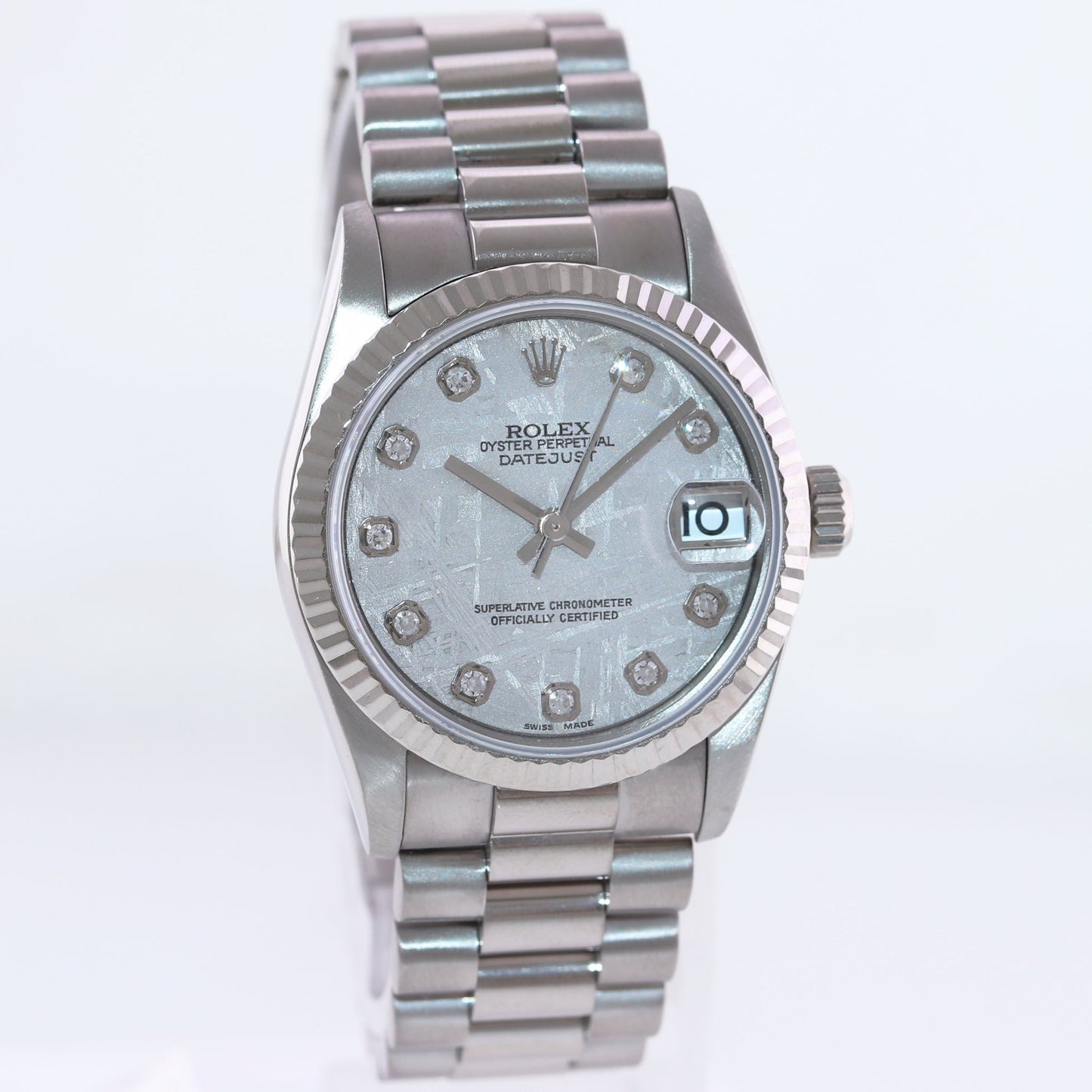 METEORITE Ladies Rolex President Midsize 31mm 18k White Gold 78279 Watch Box