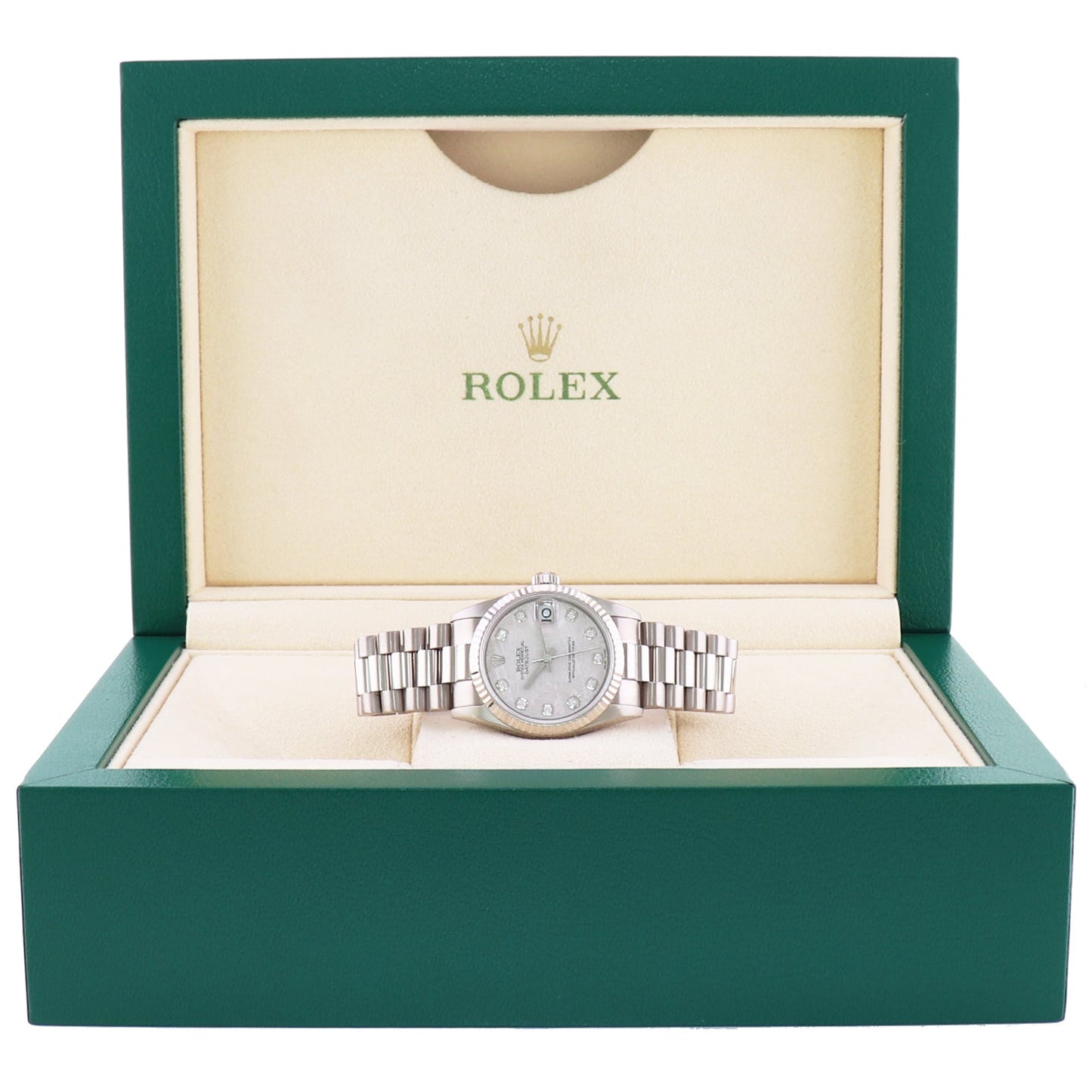 METEORITE Ladies Rolex President Midsize 31mm 18k White Gold 78279 Watch Box