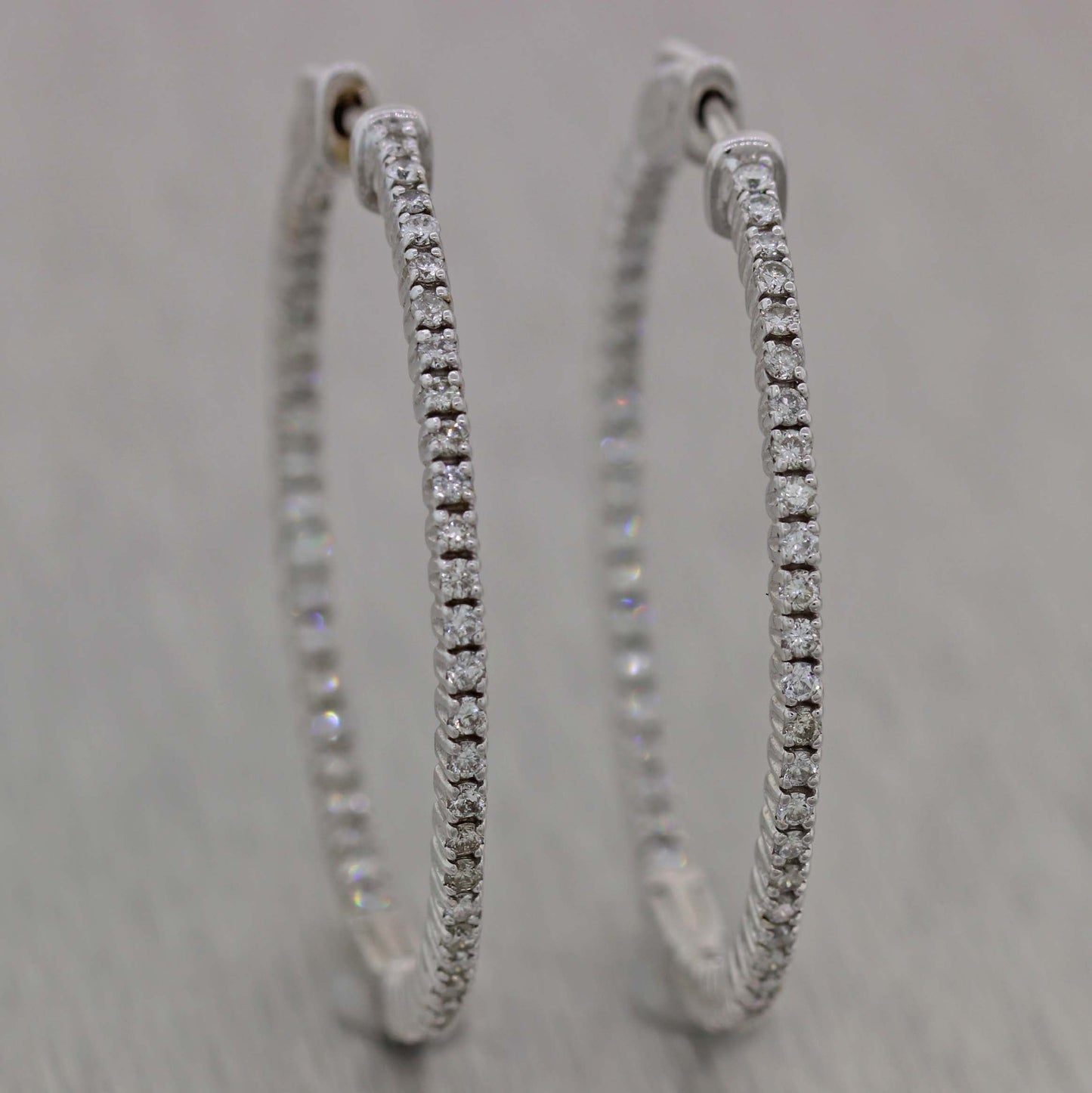 Modern Thin 14k White Gold 1.23ctw Diamond In & Out Hoop Earrings