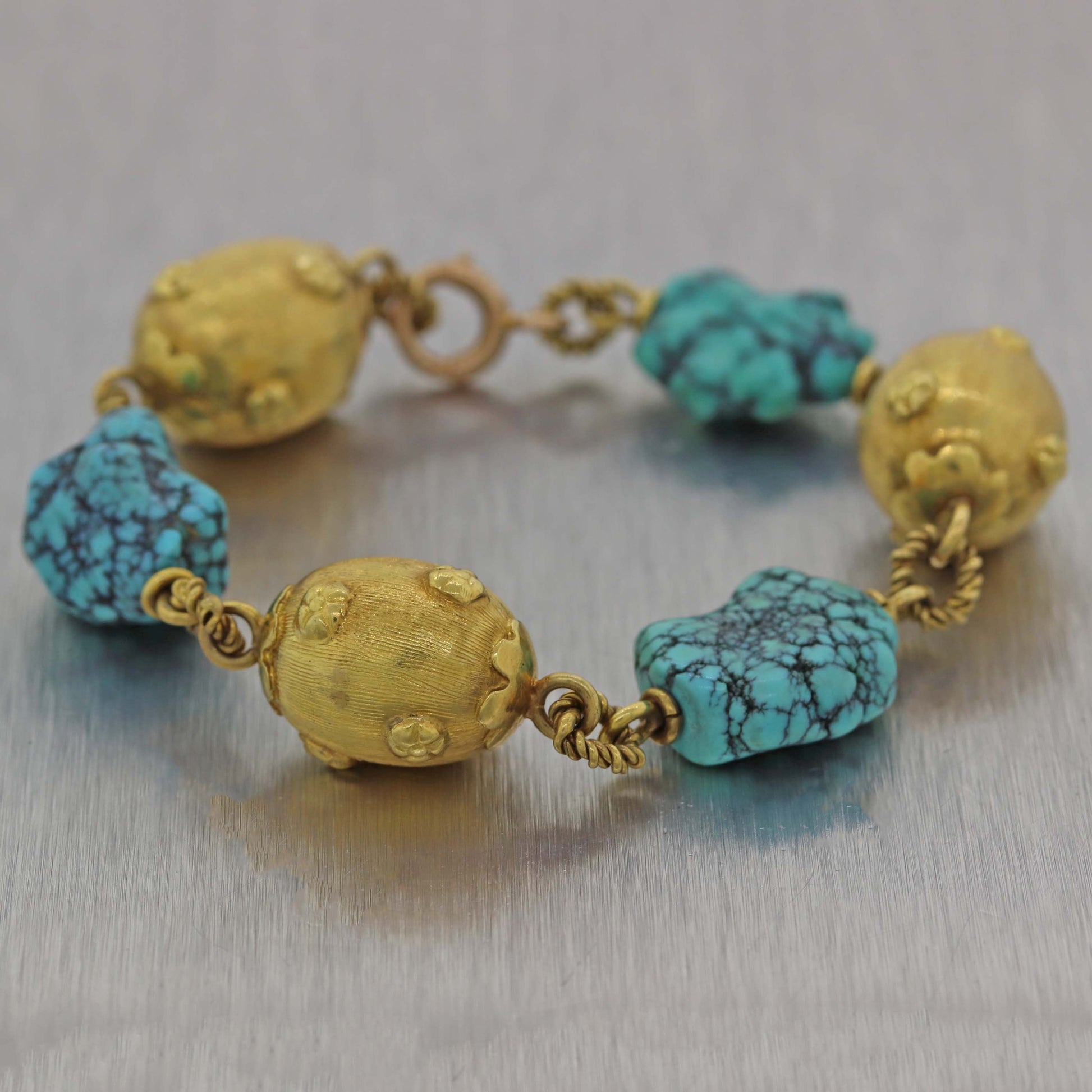Vintage Estate 18k Yellow Gold Whimsical Turquoise Bracelet