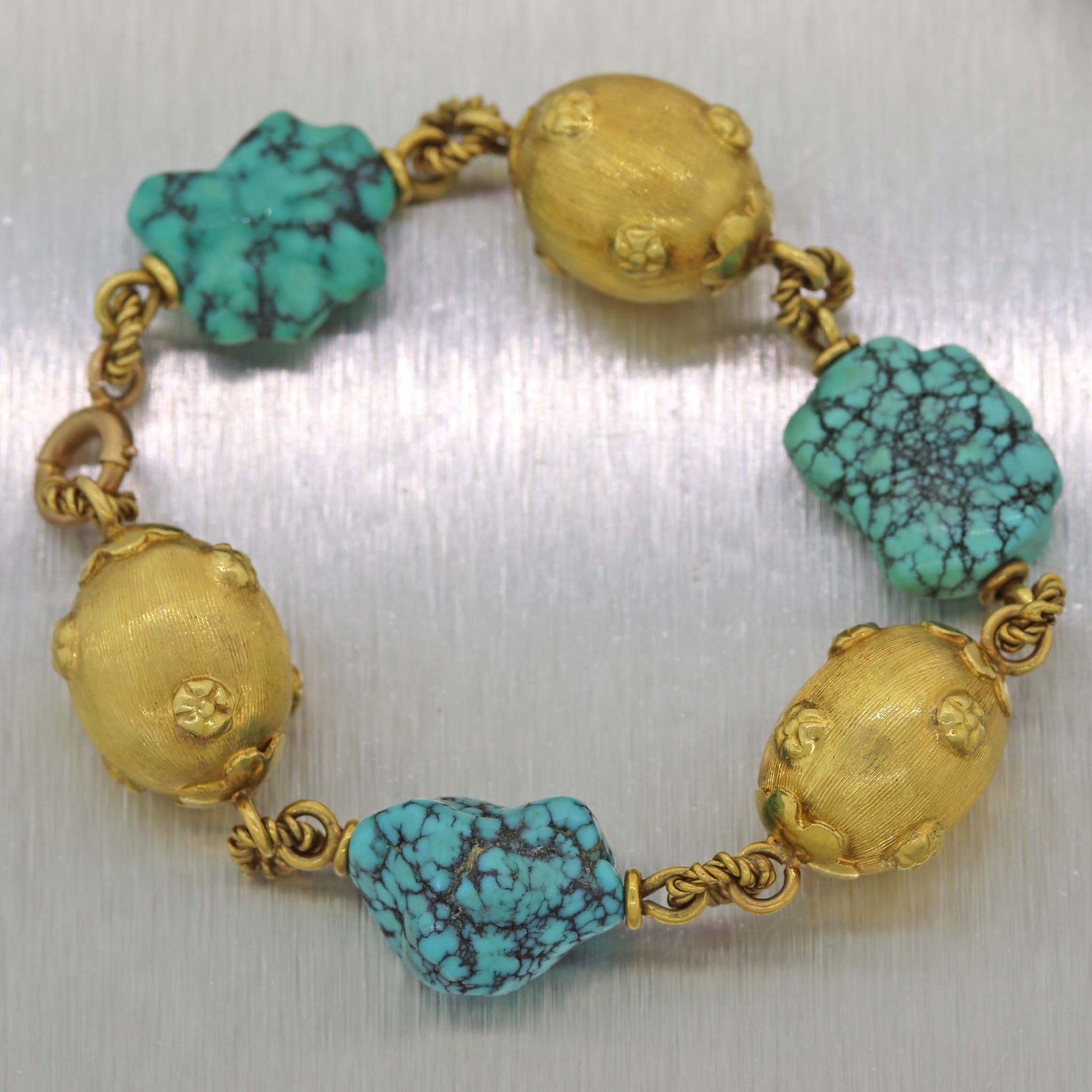 Vintage Estate 18k Yellow Gold Whimsical Turquoise Bracelet