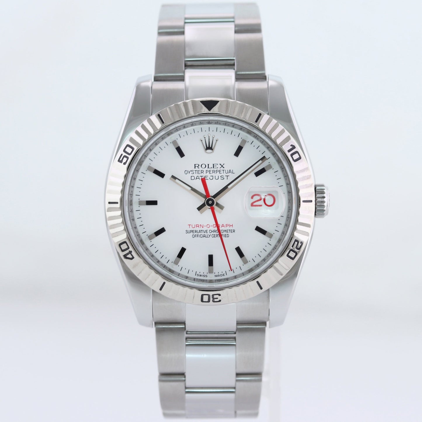Rolex DateJust Turn-O-Graph 116264 Steel White Gold Fluted Bezel Red Hand Watch