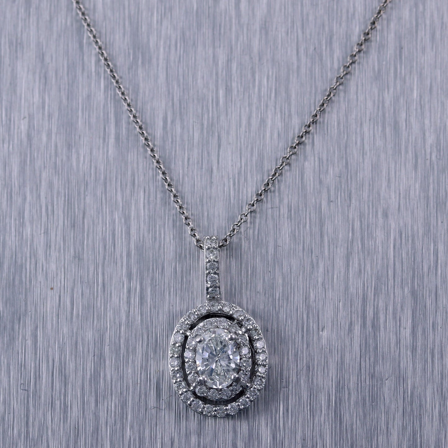 Modern 14k White Gold 1.06ctw Oval Shape Diamond Double Halo 18" Necklace