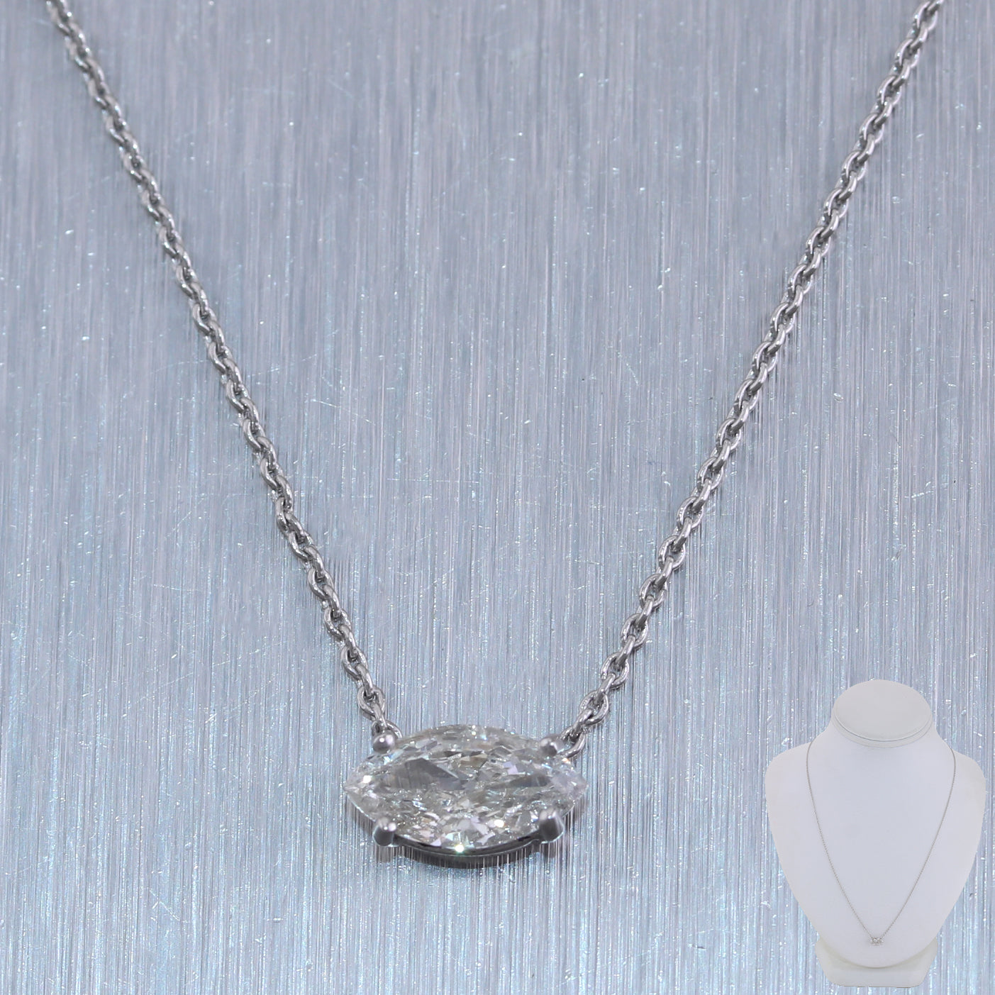 14k White Gold 0.64ct Marquise Cut Diamond Solitaire Pendant 18" Necklace
