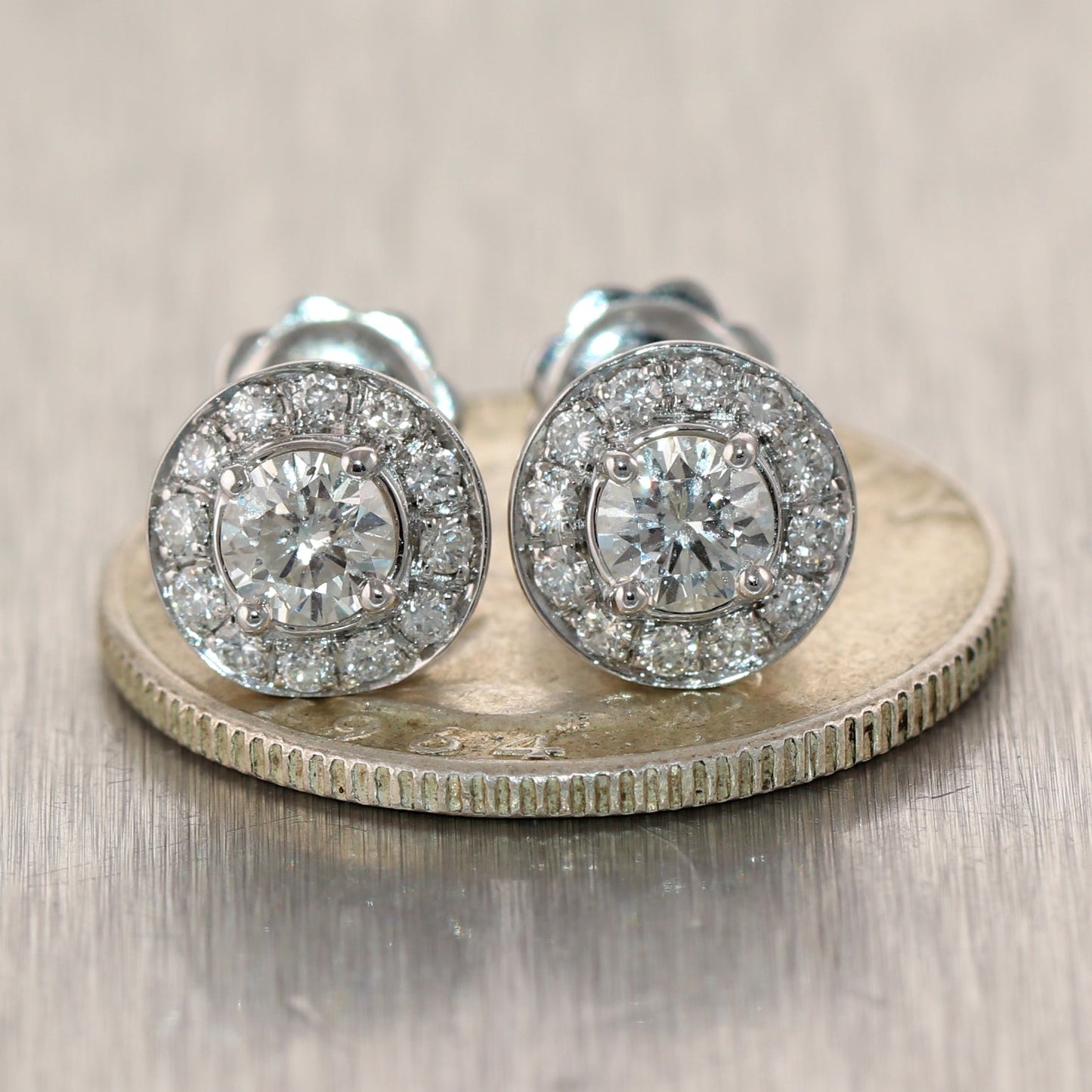 Modern 14k White Gold 1.30ctw Halo Diamond Stud Earrings