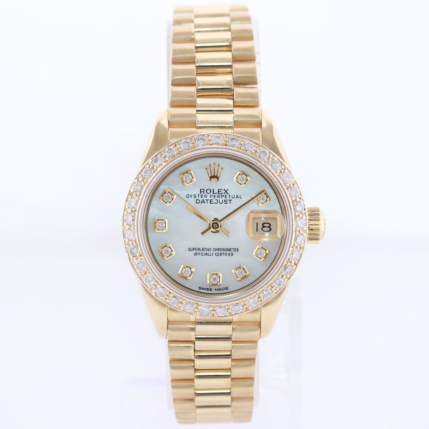 Pearl Diamond Ladies Rolex DateJust President 26mm 69178 Yellow Gold Watch Box