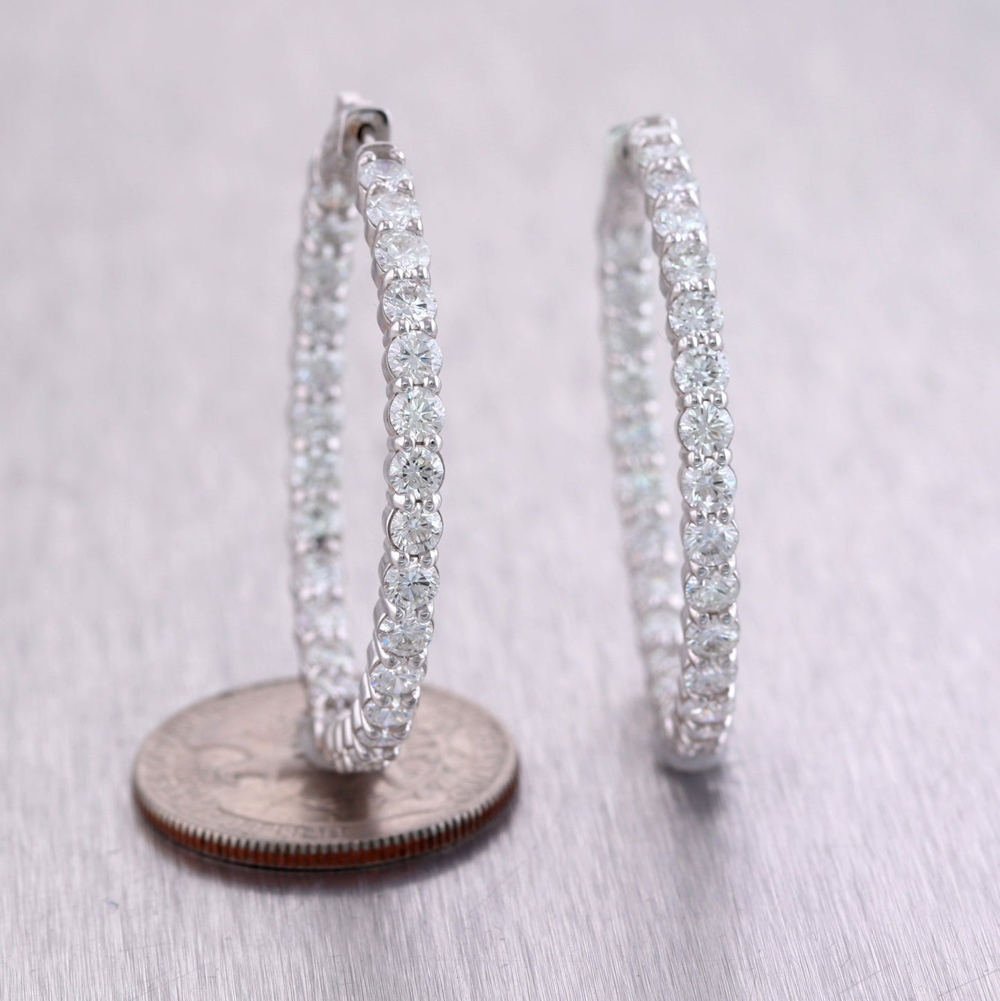 Modern 14k White Gold 8.40ctw Diamond In & Out Hoop Earrings