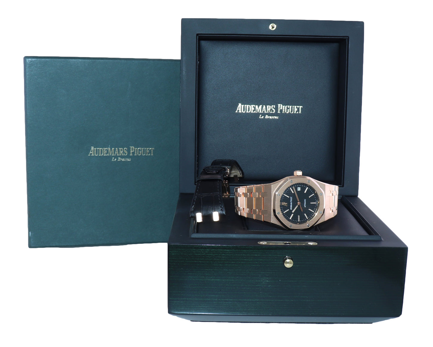 MINT Audemars Piguet AP Royal Oak Rose Gold Bracelet 15300or 39mm Black Watch Box