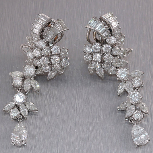 1950's Vintage Estate Platinum 14ctw Diamond Cluster Dangle Earrings