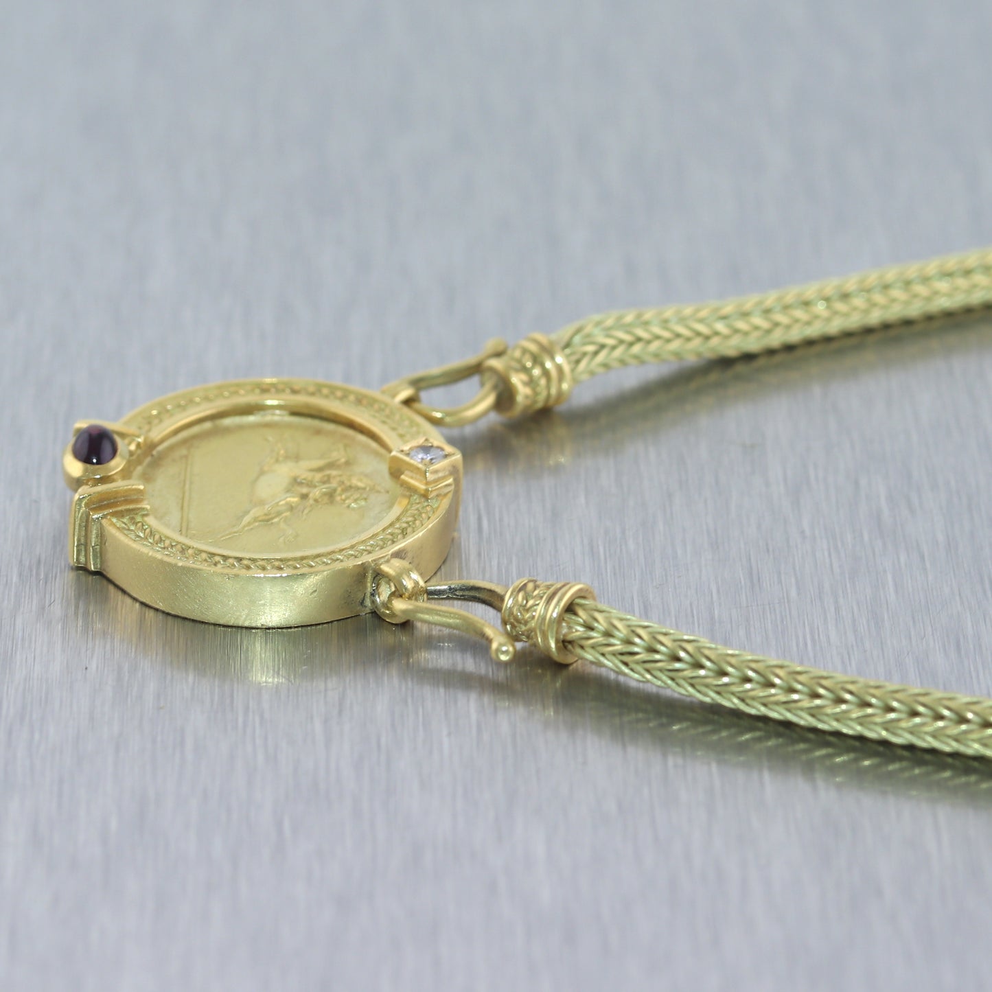 Seidengang Vintage 18k Yellow Gold Diamond & Pink Tourmaline Pegasus Classic 16" Necklace