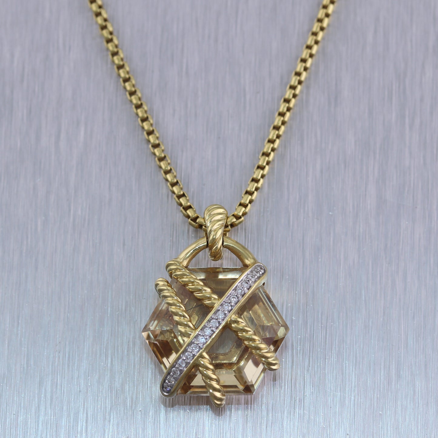 David Yurman 18k Yellow Gold Citrine & Diamond Cable Wrap Pendant 18" Necklace