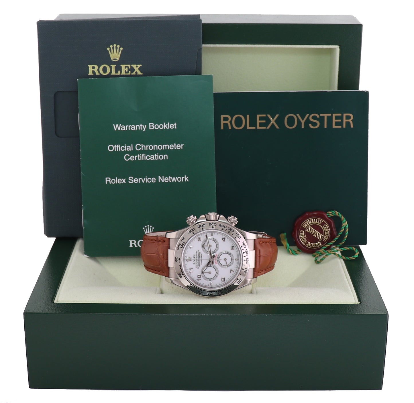 MINT & STICKERS Rolex Daytona 18k White Gold 116519 White Arabic Leather Watch