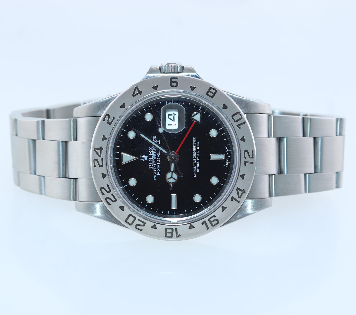2002 PAPERS Rolex Explorer II 16570 Stainless Steel Black Dial GMT 40mm Watch