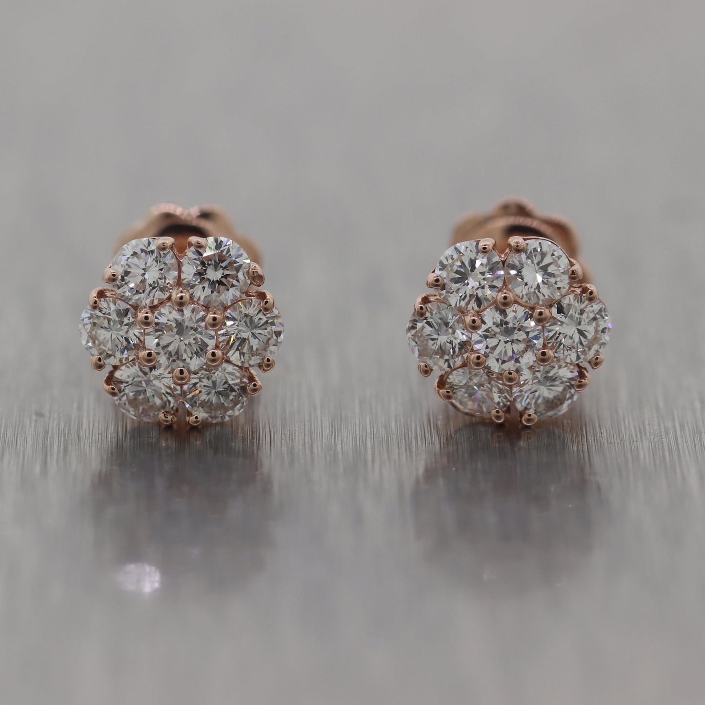Modern 14k Rose Gold 1.50ctw Diamond Flower Cluster Earrings