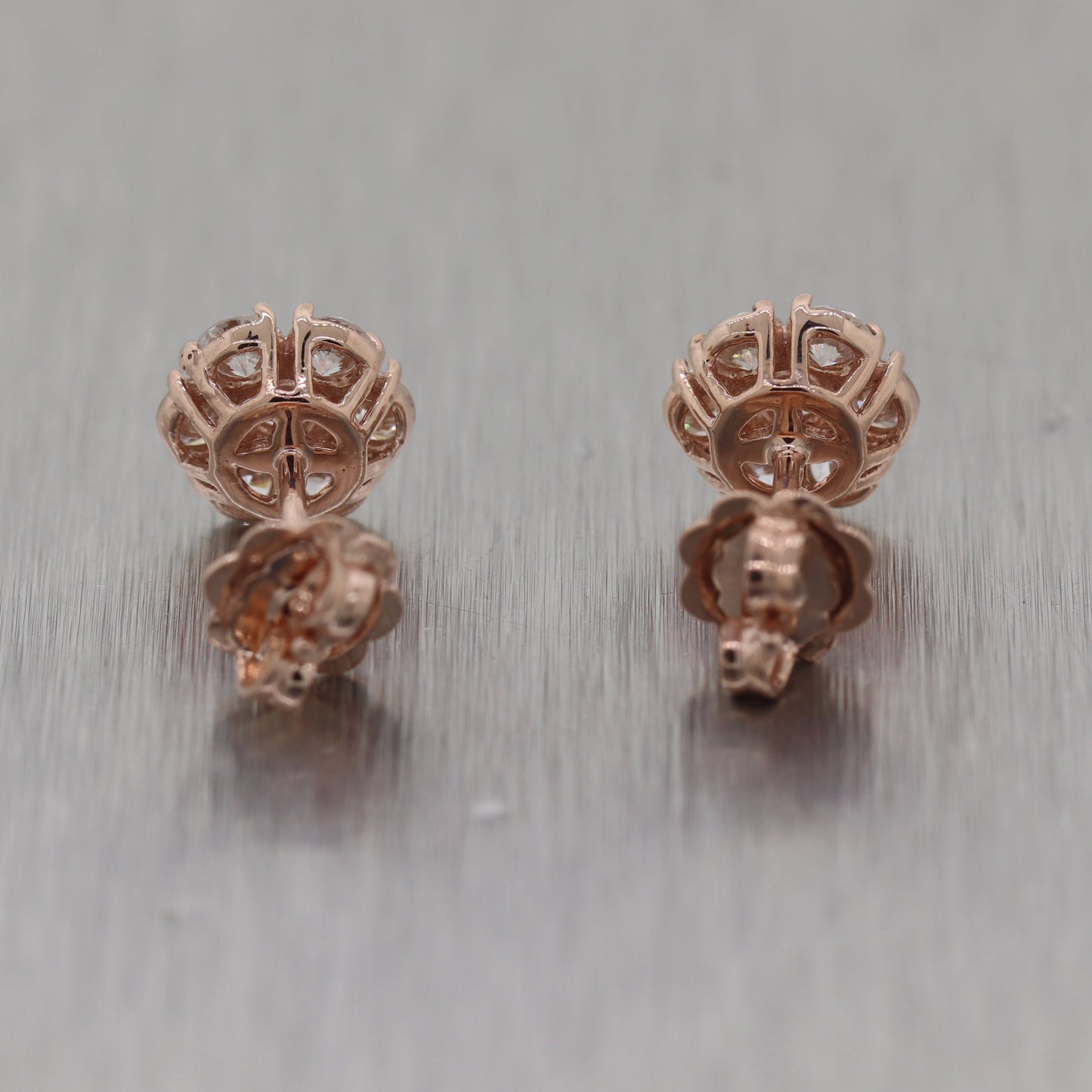 Modern 14k Rose Gold 1.50ctw Diamond Flower Cluster Earrings