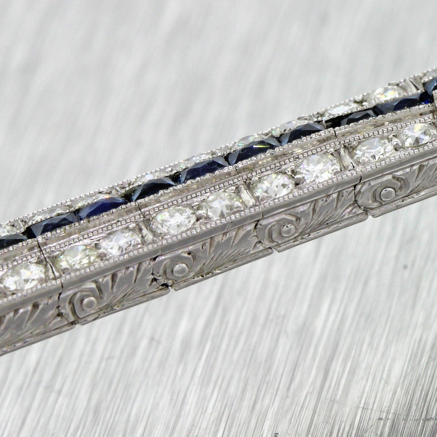1930s Antique Art Deco Solid Platinum 5.76ctw Diamond Sapphire Tennis Bracelet