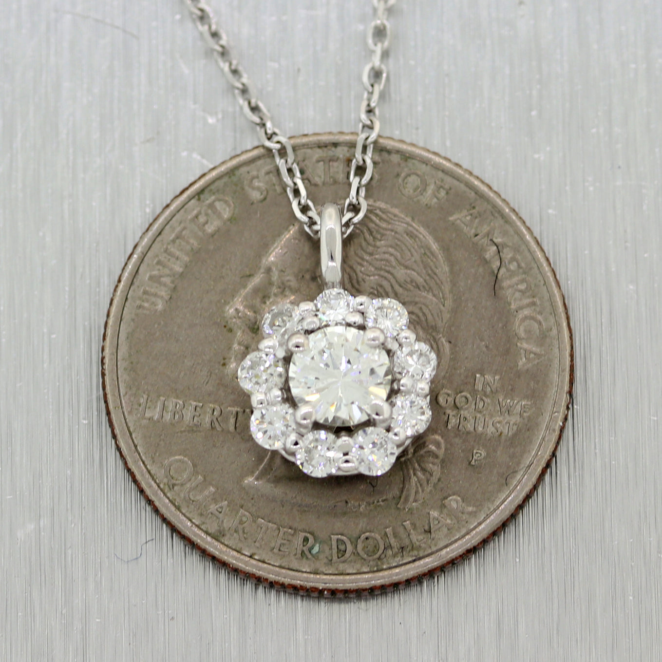 Modern 14k White Gold 0.95ctw Diamond Cluster Flower 18" Necklace