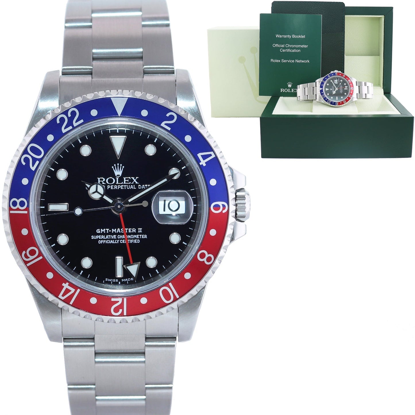 MINT 1999 Rolex GMT-Master 2 II Pepsi Blue Red Steel  16710 40mm Watch Box