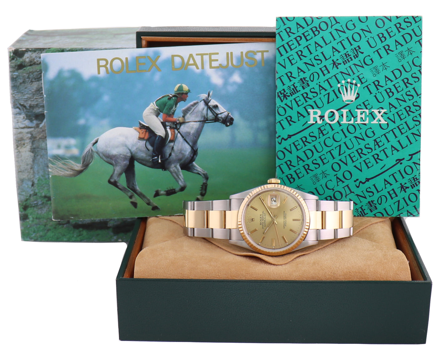 MINT Rolex DateJust 16233 Two Tone Yellow Gold Oyster Champagne Stick Watch Box