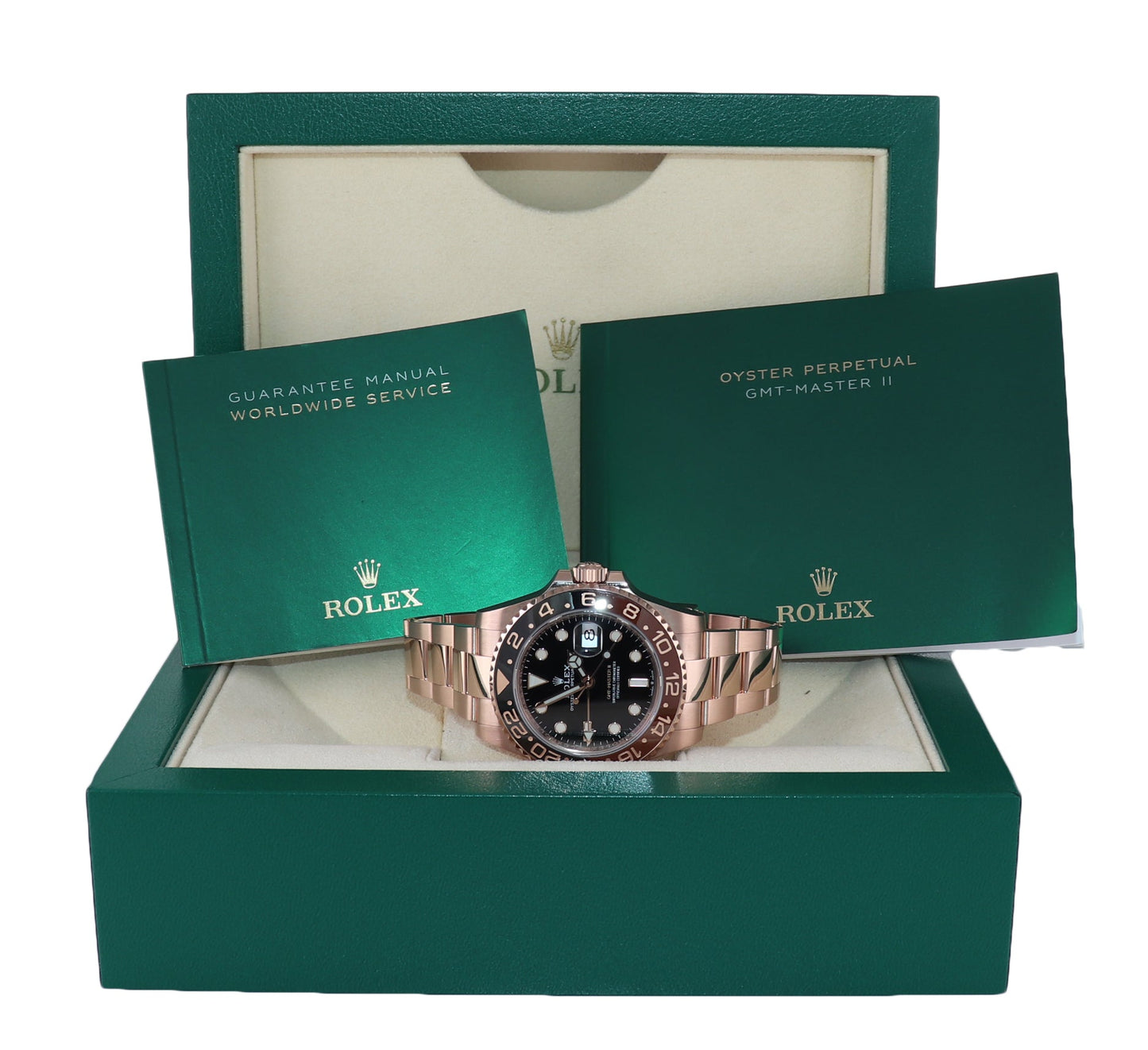 2022 MINT Rolex GMT Master Rose Gold Ceramic 40mm Root Beer 126715 Watch Box